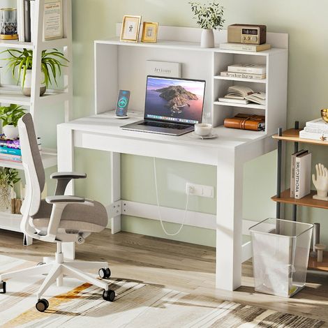 Bureau d'Ordinateur avec Bibliothèque Bureau d'Étude avec Prises Électriques et Passe-câbles Table Moderne avec Étagères de Rangement Blanc (1/3)