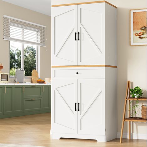 Mueble alto de cocina con estantes abiertos y cajones, 80 x 40 x 180 cm, blanco y madera, HAVRYA (1/5)