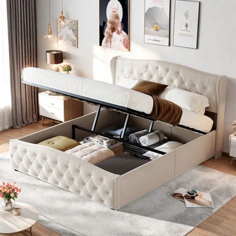 Letto contenitore 160x200 cm, letto 160x200 con rete a doghe, letto imbottito, struttura letto, con meccanismo di sollevamento idraulico, beige, velluto (1/5)