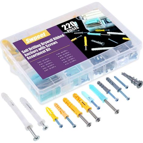 220pcs Assorted Sizes Hollow Self Drilling For Drywall Anchors Kit, Plastic Self Drilling For Drywall Ribbed Anchors Assortment With (1/5)