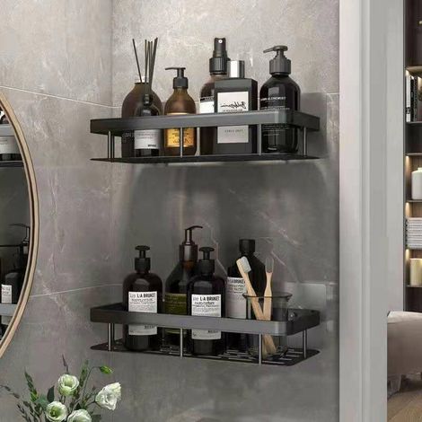 Estante de ducha de 2 niveles y almacenamiento sin perforaciones, estante de pared de aluminio para baño, organizador de ducha autoadhesivo, ideal para baño, cocina y dormitorio. (1/2)