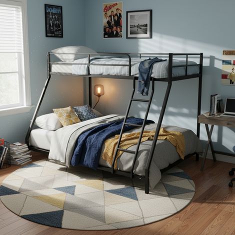 Lit superposé métal 2 places 90x190 + 130x190 gain de place, structure robuste stable pour adultes et adolescents, lit compact multifonction chambre d'ami, sans matelas (1/5)