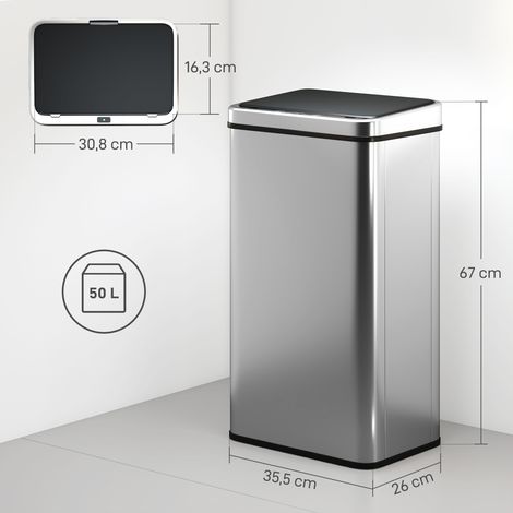 Poubelle en acier inoxydable de 50 L avec couvercle à fermeture amortie, détecteur de mouvement, 35,5 x 26 x 67 cm, argent (1/5)