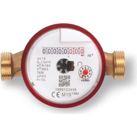 SOMATHERM FOR YOU, Misuratore di acqua a getto singolo per acqua calda, calibro 15, maschio 20/27, conforme MID, lettura su 8 rulli, quadrante asciutto orientabile, pre-attrezzato per sensore di