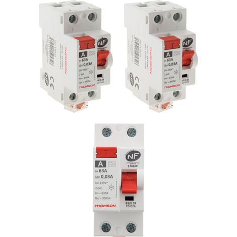 Thomson – Lot de 3 interrupteurs différentiels type A 30mA – Puissance 63A – Tension 230V/50Hz – Bornes à vis – Indicateurs On/Off (1/5)