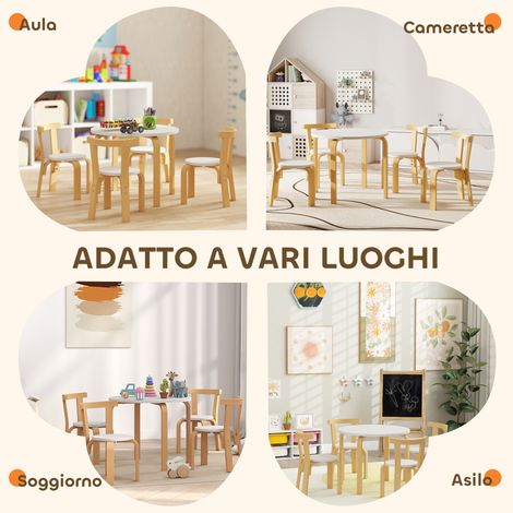 Set de table et chaises enfant 3-8 ans, 5 pièces en bois blanc, bords arrondis et sécurisés (1/5)