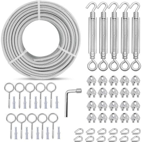 Tendeurs M6 pour câbles 3MM, Tendeur de câble en acier recouvert de PVC 30M Câble d'acier avec âme en 7×7 brins pour kit d'accrochage de Rampes de terrasse/Rampes d'escalier/Ligne à vêtement (1/5)
