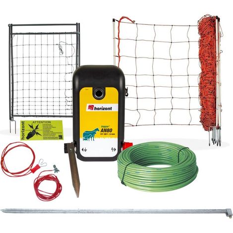 Horizont – Kit clôture pour moutons 50m – Poste mixte 230V/12V – Filet électrifiable 90cm – Piquets en fibre de verre renforcé