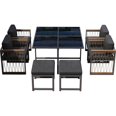 CAIziEnsemble de table et de chaises d’extérieur 7 pièces pour 6 personnes, plateau en verre trempé, accoudoirs en plastique et bois, adapté aux repas dans la cour arrière et sur la terrasse de jardin (1/5)