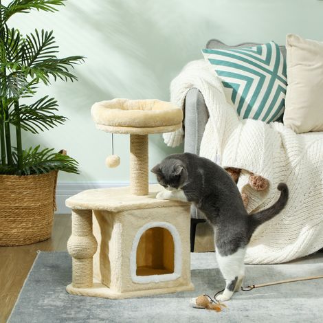 Árbol para Gatos Altura 66 cm Torre para Gatos con Cama Cueva Plataforma Bola Colgante y Poste de Yute Beige (1/5)
