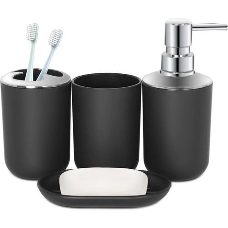 BelleRise - Ensemble d'accessoires de salle de bain noirs 4 pièces – Inclut un porte-savon et un gobelet (1/5)