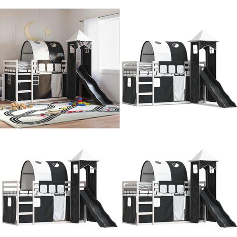 Lit superposé sans matelas avec toboggan blanc noir 90x190 cm - Lit Superpose - Lit Enfant - Lit Avec Toboggan - Lit Design - Meuble Enfant - Home & Living