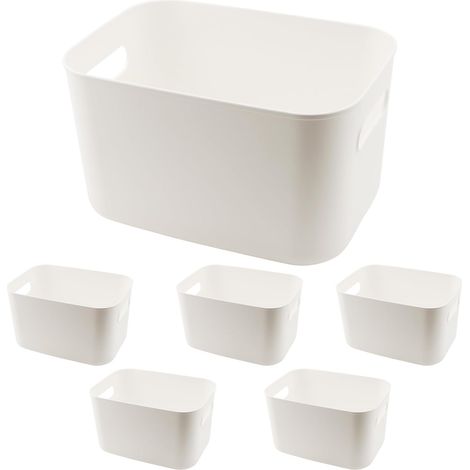 Lot de 6 bacs de rangement blancs avec poignées, 25,4 x 17,8 x 16,0 cm, bacs de rangement en plastique pour salle de bain, cuisine, savon pour les mains, shampooings, serviettes à main