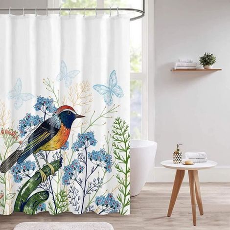Rideau de Douche - - 180x180 cm - Polyester Imperméable - Motif Fleurs et Oiseaux - 12 Crochets Inclus (1/4)