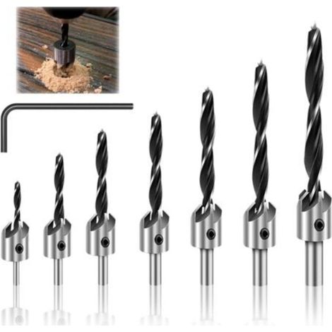 Set of 7 Wood Drill Bits with Depth Stop 3, 4, 5, 6, 7, 8, 10mm, Woodworking Drill Bit Set, Conical with Depth Stop (1/5)
