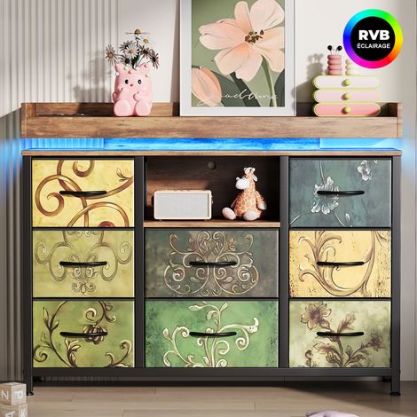 Kommode 110 cm mit 8 Stoffschubladen, Aufbewahrungsschrank mit erhöhter Ablage, Regal, LED und USB/Type-C, Schlafzimmer und Wohnzimmer, Retro-Muster