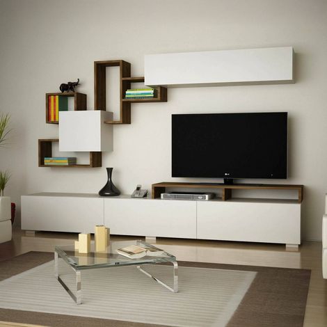 Dmora - Parete attrezzata Thalassa, Composizione soggiorno, Mobile salotto multiuso, Armadio porta TV, 210x37h47 cm, Bianco e Noce, con imballo rinforzato, con imballo rinforzato (1/5)