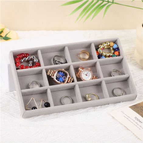 Trappe de rangement gris 12 compartiments 21,312,42,4 cm 1 boîte à bijoux en velours grande taille adaptée aux bagues (1/5)
