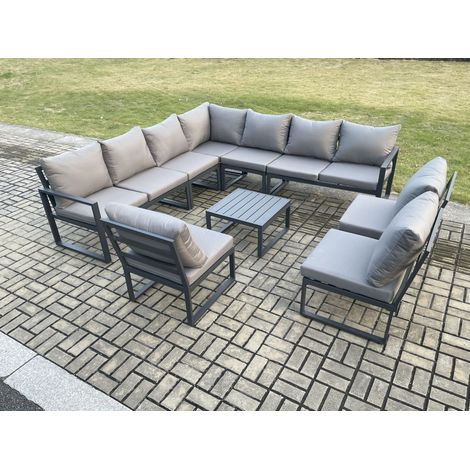Fimous 10 Seater Patio Outdoor Garden Furniture Aluminium Lounge Corner Sofa Set with Square Coffee Table Dark Grey (1/5)