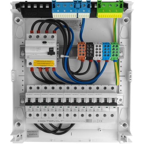 Tableau électrique modulaire en saillie 2x12 équipé de 10 disjoncteurs MCB et 1 interrupteur différentiel RCCB VDE câblé coffret Hager 370x305x96.5 mm bornes de répartition L1 L2 L3 N PE Doktorvolt DV