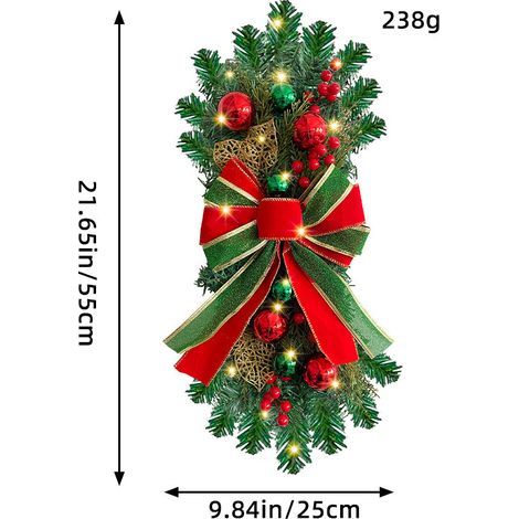 Christmas Decorations Christmas Wreath Rattan Door Curtain Pendant Home led Luminous Staircase Upside Down Decorative Door Hanging(rouge)