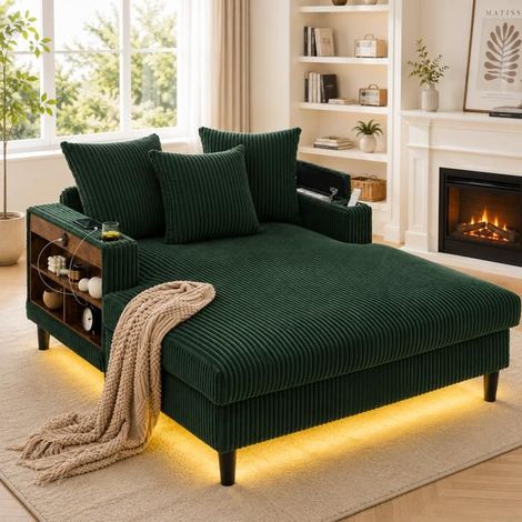 Chaise longue - SOGEU - 129 x 170 cm - Tissu velours côtelé vert bicolore - Mousse haute densité - Porte-gobelets, LED & USB (1/5)
