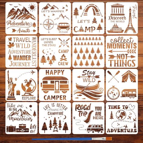 16 Pochoir à Thème de Voyage pour Peinture Au Pinceau 30x30cm Montagnes Arbres Boussole Temple Modèle Feu de Camp Avion Valise Pochoir Feuille D'Érable Lune Étoile Bateau Poisson Modèle (1/5)