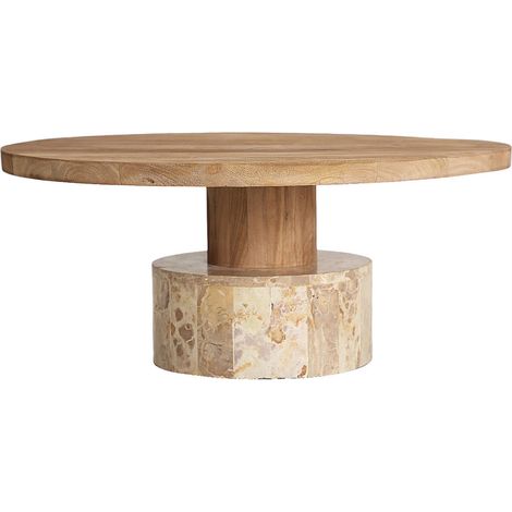 Table basse ronde en marbre et bois de manguier - bois marron et marbre beige (1/3)