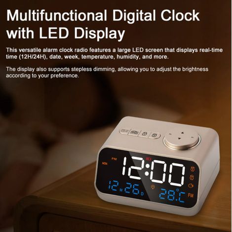 Multifunktionaler Wecker mit FM-Radio, wiederaufladbarer LED-Digitaluhr (mit Temperatur- und Feuchtigkeitsanzeige), Sprachsteuerung/Klingeltonfunktion und einstellbarer Helligkeit/Lautstärke.
