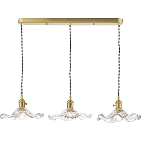 Dar Hadano Suspension Hadano à 3 barres lumineuses, laiton naturel et verre ondulé (1/5)