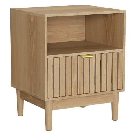 Chevet avec compartiment ouvert et tiroir à façade à lames verticales, poignée métallique dorée, pieds en bois, dimensions 45×39×56,5cm, table de chevet multifonction pour chambre (1/5)
