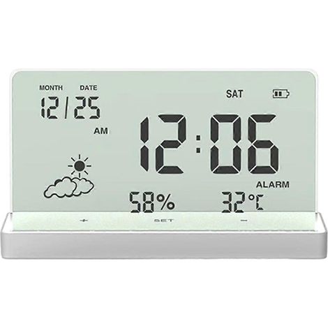 Transparente Digitaluhr mit großem Display und Standfuß zur Anzeige von Temperatur, Luftfeuchtigkeit und Datum. Elektronische Tischuhr. (1/5)