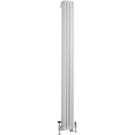 Hudson Reed Windsor - Radiateur Mixte Style Fonte Rétro Vertical Triple Rang et Robinets Thermostatiques d'Angle Chromés - Blanc - 180 cm x 20 cm