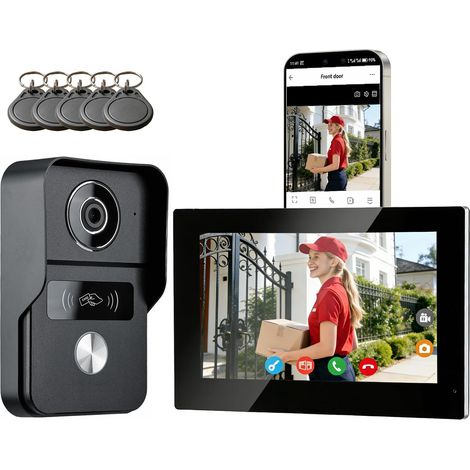 Visiophone Connecté Interphone Vidéo, Sonnette 2 fils 7 Pouces Moniteur Tactile, Audio Bidirectionnel, Système d'interphone avec Unlock à Distance, Wi-Fi 2,4 GHz/5 GHz, Noir (1/5)