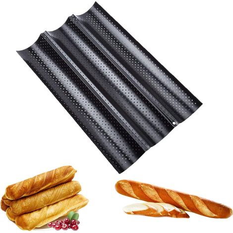 Baguette Mold Baguette Tray Moulle Baguette Oven Black Bread Mold with Non-Stick Coating Perforated Stick Pastry Mold for Placing and Baking 4 French Baguettes (1/5)