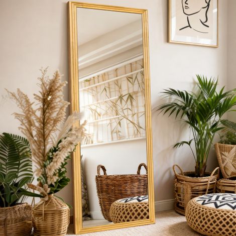 Specchio a figura intera, dritto, con cornice in legno marrone, 160 x 50 cm, con supporto metallico regolabile, immagine nitida, imballaggio robusto, adatto ad ambienti residenziali e commerciali. (1/5)