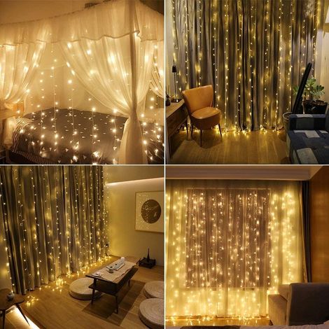 Rideau lumineux 6 m x 3 m, 600 LED, 8 modes d'éclairage, étanche, pour fenêtre, mur, chambre, balcon, décoration intérieure et extérieure de Noël (blanc chaud). (1/5)