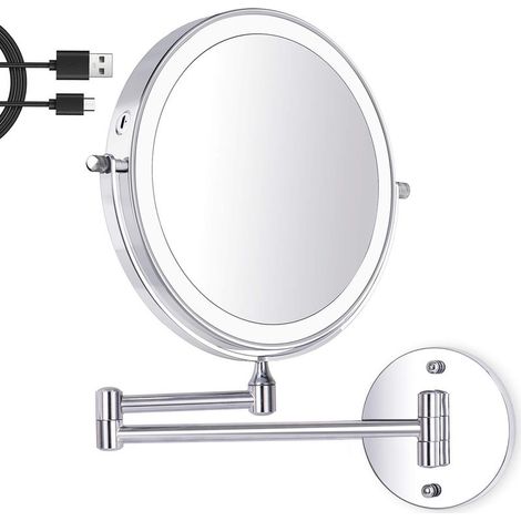 8-inch LED Wall-mounted Makeup Mirror, Lighted Magnifying Mirror, 1X/7X Magnification, 3 Adjustable Light Colors, USB Charging, 360° Swivel and Extendable, for Bathroom and Family (1/5)