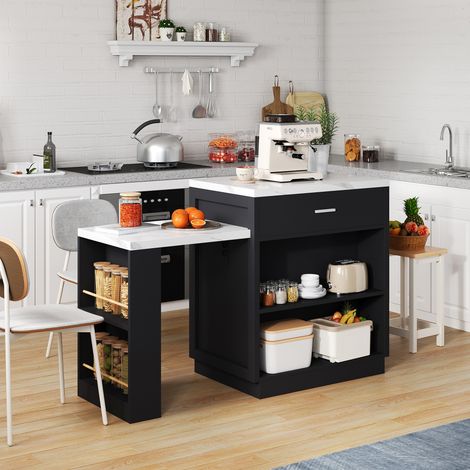 Îlot de cuisine avec table à manger extensible pour 4 à 6 personnes, table de cuisine bicolore, prise électrique, meuble de rangement, 2 tiroirs, 2 étagères ouvertes sur le côté (1/5)