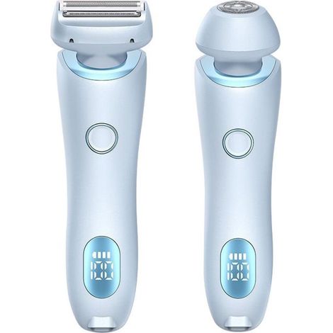 Rasoir électrique pour femmes, épilation 2 en 1 sans douleur, utilisation sur peau sèche ou humide avec deux têtes interchangeables, bleu (1/5)