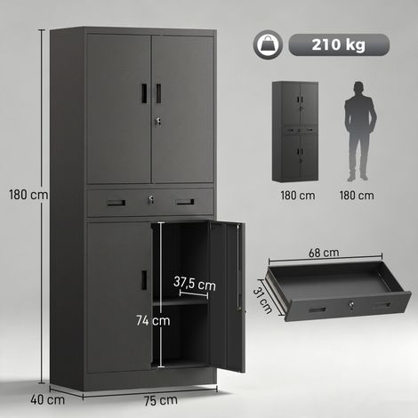Armoire métallique 180 cm pour outils, portes verrouillables, tiroir et étagères réglables, noir, acier (1/5)