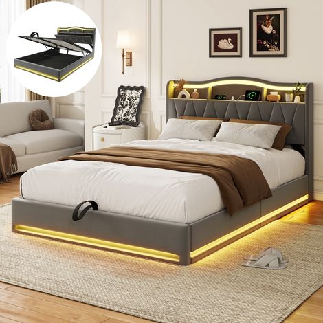 lit 160x200 avec sommier, lit coffre double, LED réglable, Chargement USB, Cadre de Lit, Chambre moderne, Gris, velours (1/5)