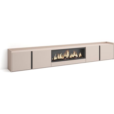 Skraut Home – Meuble TV avec cheminée électrique XXL – Grand espace de rangement 315x35x50cm – Pour TV jusqu'à 80" – Style moderne beige