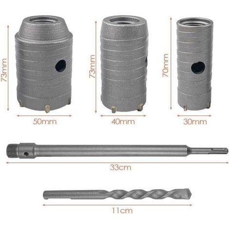 Scie Cloche Beton, Foret Beton Grande Longueur Rallonge, Jeu de Scie Cloche avec manche rond 330 mm est SDS Plus Poignée Barre de Connexion avec 30/40/50 mm Trepans pour Forage (1/5)