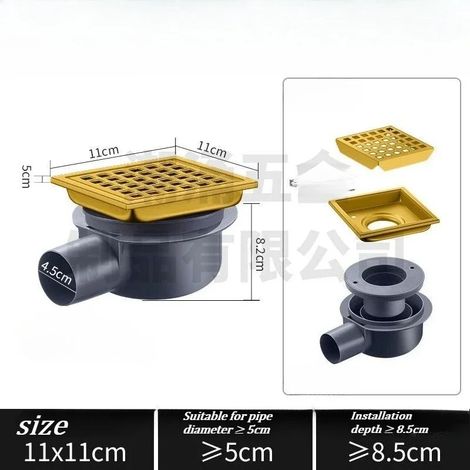 (11 x11 gold),European-style same-layer drainage floor drain 304 stainless steel floor drain,large displacement square translation side drain (1/4)