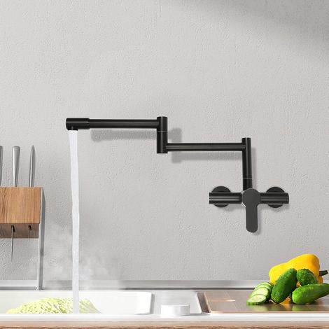 Küchenarmatur Wandmontage, 360° Drehbar Wasserhahn Küche Wandmontage, Faltbar Einhebelmischer Wand Küchenarmatur, Messing Wandarmatur Spültischarmatur für Küchen Schwarz (1/5)