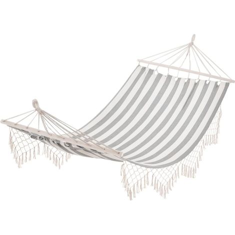 Hamac de voyage Outsunny, style hippie chic, en toile rayée gris écru, coton polyester, dimensions 2L x 1l m, portable et confortable pour camping ou détente. (1/5)