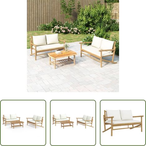 Bambusmöbel -  3-tlg. Garten-Lounge-Set mit Kissen Creme Bambus (1/5)