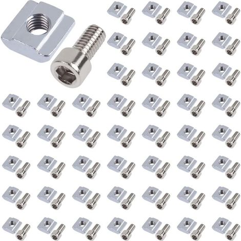 Lot de 50 pierres à rainurer M6, série 2020 M5 - Rainures en T type B, acier au carbone T et vis à six pans creux - Jeu de connecteurs pour fente d'extrusion en aluminium (1/5)