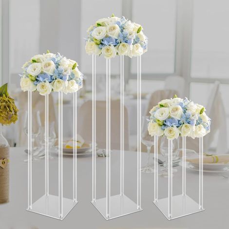 3 Pcs Hohe Klare Blumenständer Rechteckige Blumensäule aus Acryl, Abnehmbar Geometrische Blumenregale Blumenboden Vase, Hochzeit Blumenvasen Säule Tafelaufsätze mit Acrylplatte (40/60/80 cm) (1/5)